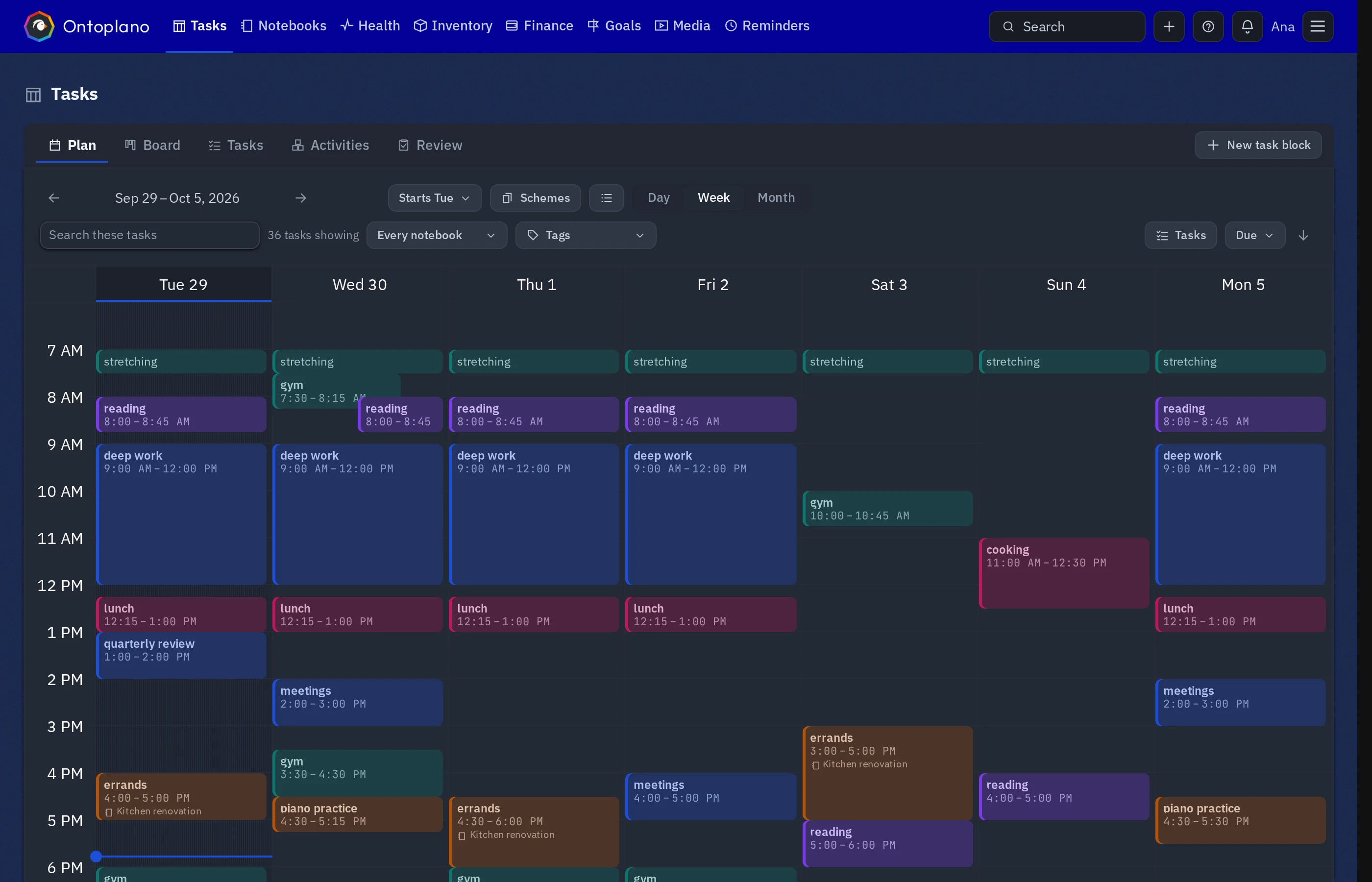 O planner semanal: sete dias de blocos coloridos — trabalho focado, academia, cozinhar, resolver coisas na rua
